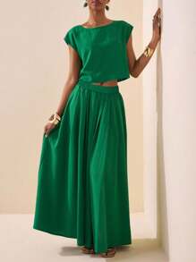 Zivah 2025新款夏季休闲度假优雅日常约会沙滩装生日派对圆领插肩袖短袖剪裁T恤+百褶裙长裙绿色波浪条纹梭织女士两件套绿色两件套绿色短款上衣和裙子套装