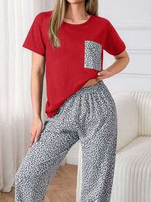 EURMUSE Cotton 2 Pcs Leopard Pocket Detail Short Sleeved Top Pattern Sleep Bottom Homewear Pajama Set Sleeping Dark Red White Animal Print Casual - Red - View 4
