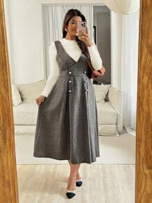 Vionelle Plus Size Women's French Style Casual Herringbone Sleeveless Dress, Autumn/Winter