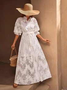 EURMUSE 白色蕾丝长裙，高领泡泡袖 - 饰有精致的透明花卉蕾丝、腰部系带和褶边袖口细节，正面采用纽扣设计，呈现优雅而女性化的外观，非常适合婚礼、花园派对或浪漫的夏季服装 - 白色 - 查看 5