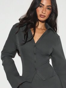 KIZN 不对称纽扣前领衬衫裙长喇叭袖专业办公室装现代时尚优雅晚装秋冬系列 - 灰色 - 查看 3