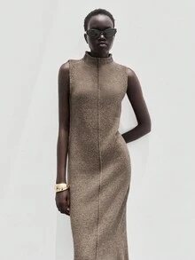 Lumivelle 女士棕色无袖时尚毛衣裙 - 棕色 - 查看 6