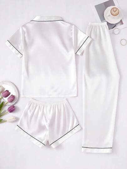 Women Contrast Faux Zijden Collar Pajama Set Satijnen Sleepwear Wit Pj Pjs view 2