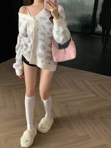 DAZY 女士宽松休闲拼色动物印花和波尔卡圆点图案针织开衫，秋冬时尚 - 白色 - 查看 2