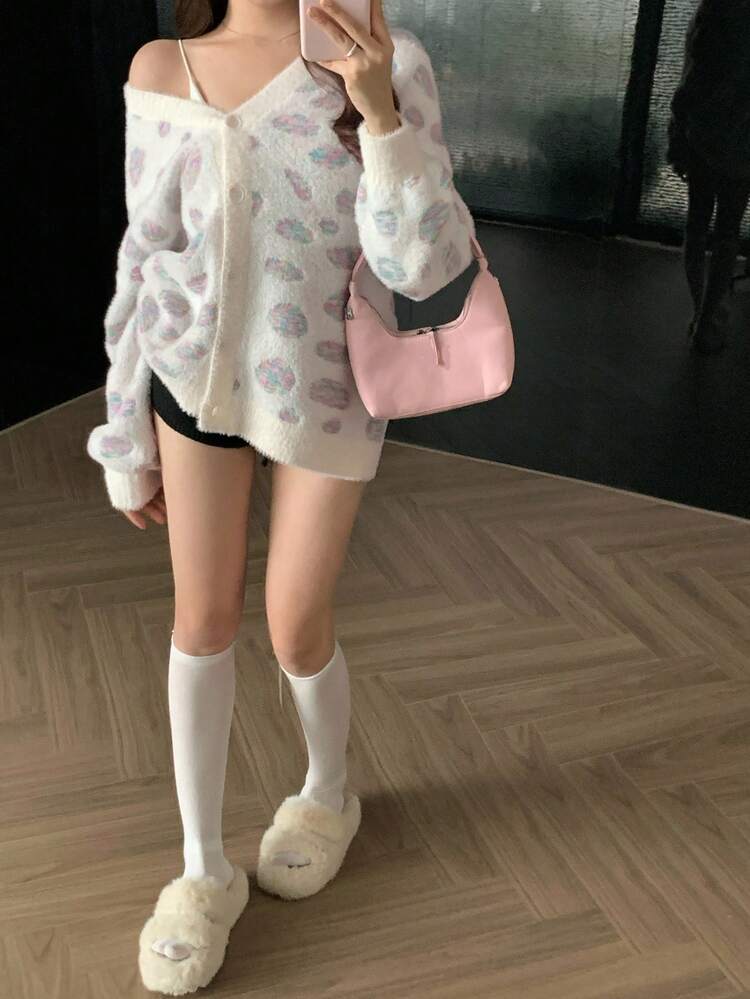 Women's Loose Casual Colorblock Animal Print & Polka Dot Pattern Knit Cardigan, Fashionable For Autumn & Winter