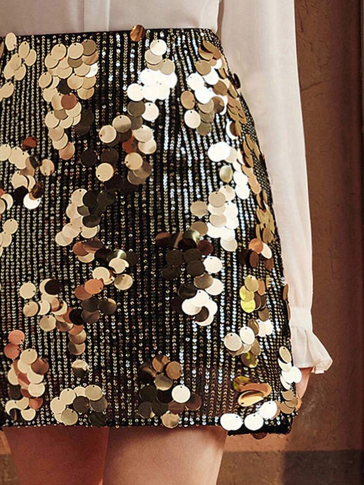 Elegant Women's Mini Skirt, Urban Chic Golden Sequin Embellished Short Skirt