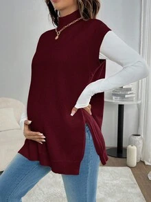 SHEIN Maternity Casual Commuter Solid Color Stand Collar Side Slit Knit Vest