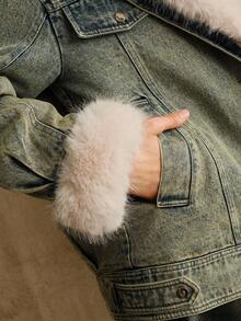 Anewsta Women's Autumn/Winter Long Sleeve Patchwork Fluffy Casual Denim Jacket - Green - View 5