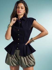 Denimoi Collared Sleeveless Button Down Denim Top, Denim On Denim, Fashionable - Dark Wash - View 1