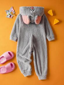 TOM & JERRY X SHEIN Young Boy Cute Cartoon Embroidered Coral Fleece Hooded Jumpsuit With 3D Ear Design Fall Winter
