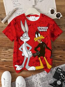 LOONEY TUNES X SHEIN 青少年男孩卡通图案圆领短袖 T 恤 - 白色 - 查看 1