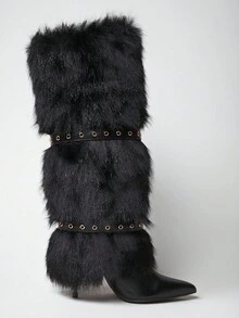 SHUZIA Botas altas hasta la rodilla con tacón de aguja y punta puntiaguda, decoradas con correa con hebilla, de moda para mujeres - Negro - Ver 6