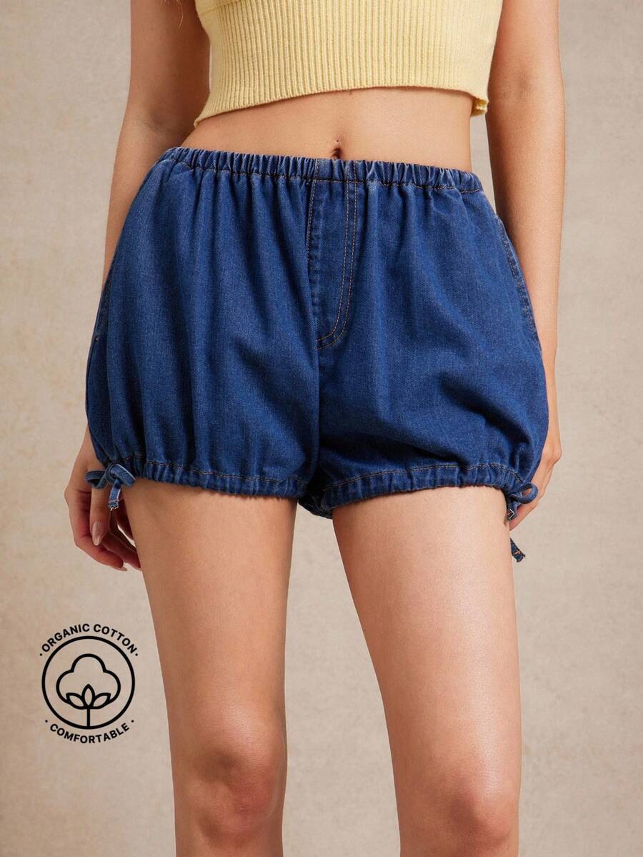 WESTFADE Pull On Adjustable Drawstring Leg Cotton Blend Denim Bloomer Shorts Summer Cowgirl Nashville Vacation Beach - Dark Wash - View 1