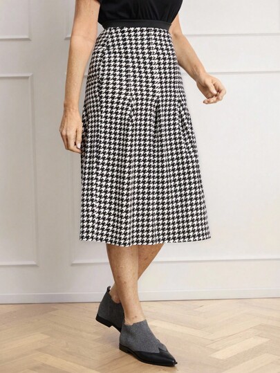 SHEIN LUNE Women Houndstooth Pleated Skirt, Elegant Autumn Valentine's Day New Years Women Spring