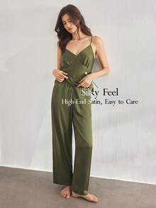 Ocili Bộ đồ ngủ dài tay và quần dài bằng vải satin trơn màu trơn cổ chữ V cho nữ, đơn giản và thoải mái - màu xanh lá - Xem 1