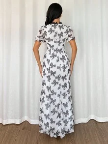 Modelyn Women's Fashion Elegant Contrast Lace Bow Button Floral Print Dress - Black and White - View 6