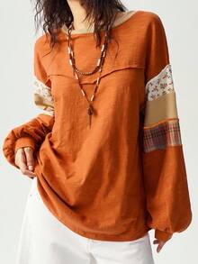 Bohemela Áo thun tay dài họa tiết chắp vá màu cam cỡ lớn, áo thu cho nữ - Màu vàng - Xem 2