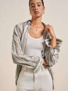 Airaco 女士休闲宽松条纹落肩长袖单排扣衬衫，秋季 - 彩色 - 查看 6