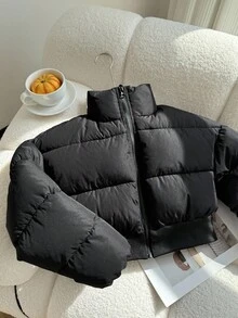 SHEIN Abrigo corto recto acolchado con cuello alto para niñas, adecuado para otoño/invierno