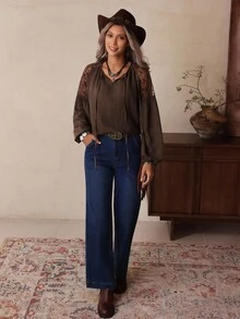 LanaWest Women's Mesh Embroidered Floral Pleated V-Neck Long Sleeve Blouse Top, Tie Neck Brown Top, Suitable For Western Style Fall Cloth For Women - Coffee Brown - View 8