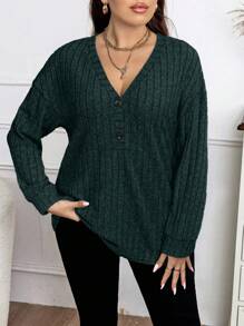 Elenzga Plus Size Casual Versatile Solid Color Long Sleeve T-Shirt Fall Cloth For Women - Dark Green - View 3