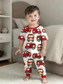 Toddler Boys Round Neck Short Sleeve Long Pajama Set Featuring Fun Cartoon Fire Truck Pattern Baby Boy Fire Truck Clothes Toddler Fire Truck Pajamas Baby Boy Firetruck Outfit 2 Piece Baby Boy Pajamas Boys Pajama Set Cotton