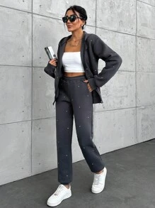 EURMUSE DARK GREY OVERSIZE SWEATSHIRT AND SWEATPANT WITH RHINESTONE DETAIL - Dark Grey - View 3