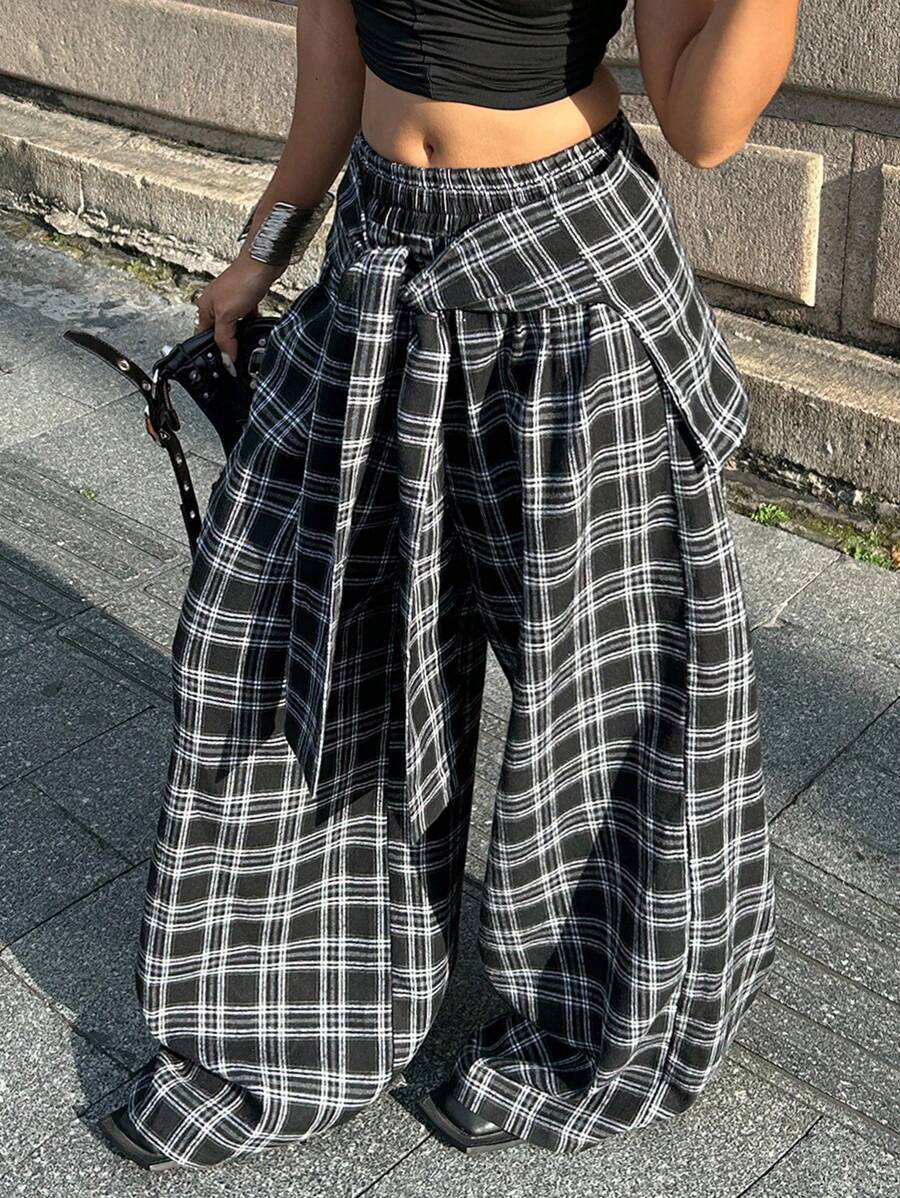 Coolane Fall Clothes For Women Going Out Streetwear  Plaid Woven Tie-Waist Wide Leg Loose Casual Pants Plaid Pants Checkered Pants - Multicolor - View 1