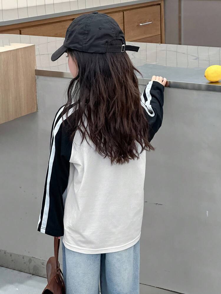 Young Girls Round Neck Raglan Sleeve Korean Style Bow T-Shirt Fall,Winter