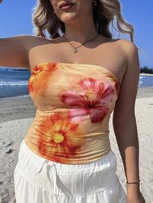 SHEIN EZwear 女士休闲简约度假热带花卉印花橙色抹胸短款上衣，适合夏季 - 白色 - 查看 4