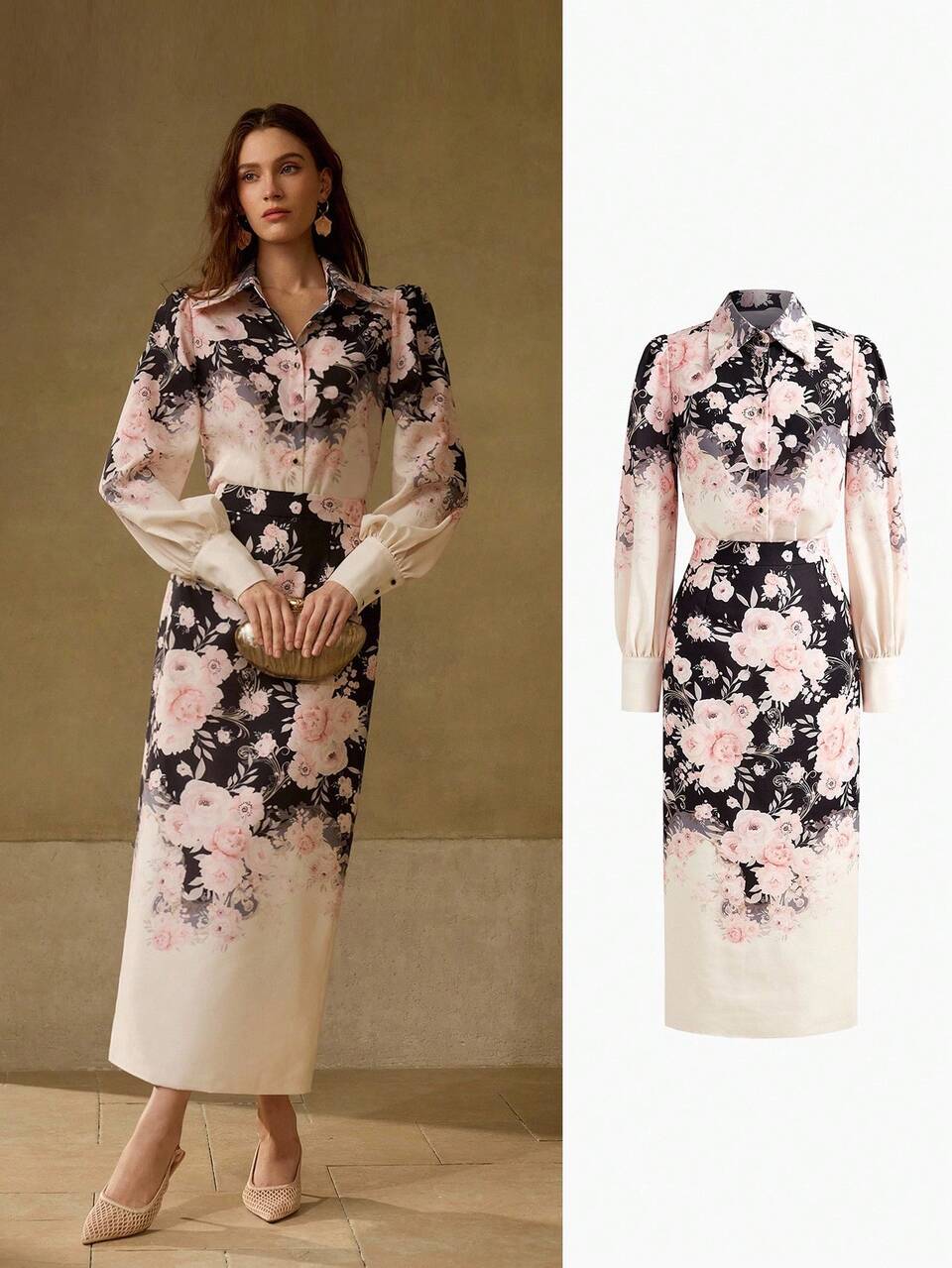FLORAL PRINT BUTTON UP TOP & MIDI SKIRT OUTFIT