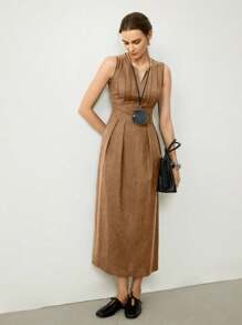 Uhlyne Váy suông vải lanh dệt không tay thanh lịch cổ chữ V, sọc hai túi màu trơn ôm vừa vặn dành cho nữ - Cà phê - Xem 6