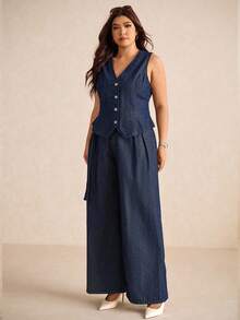 Elaquor Plus Size Dark Blue Denim Two-Piece Sleeveless Vest Plus High Waist Straight Pants Can Be Layered And Worn For An Elegant French Autumn Outfit