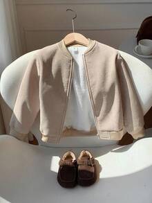 SHEIN 男童灯芯绒保暖内衬拉链棒球夹克，适合通勤、上学、休闲、运动、秋冬季穿着。男童灯芯绒夹克，幼儿夹克，秋季款。 - 杏色 - 查看 3