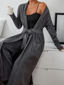 EURMUSE Women Cardigan With Rib Knit Grey Long With Belt,Cardigans,Petite,Tall - Grey - View 2
