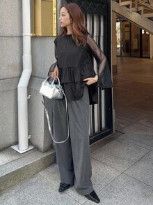 FRIFUL Blusa casual holgada con cuello redondo, dobladillo con volantes superpuestos y empalme, otoño - Negro - Ver 3