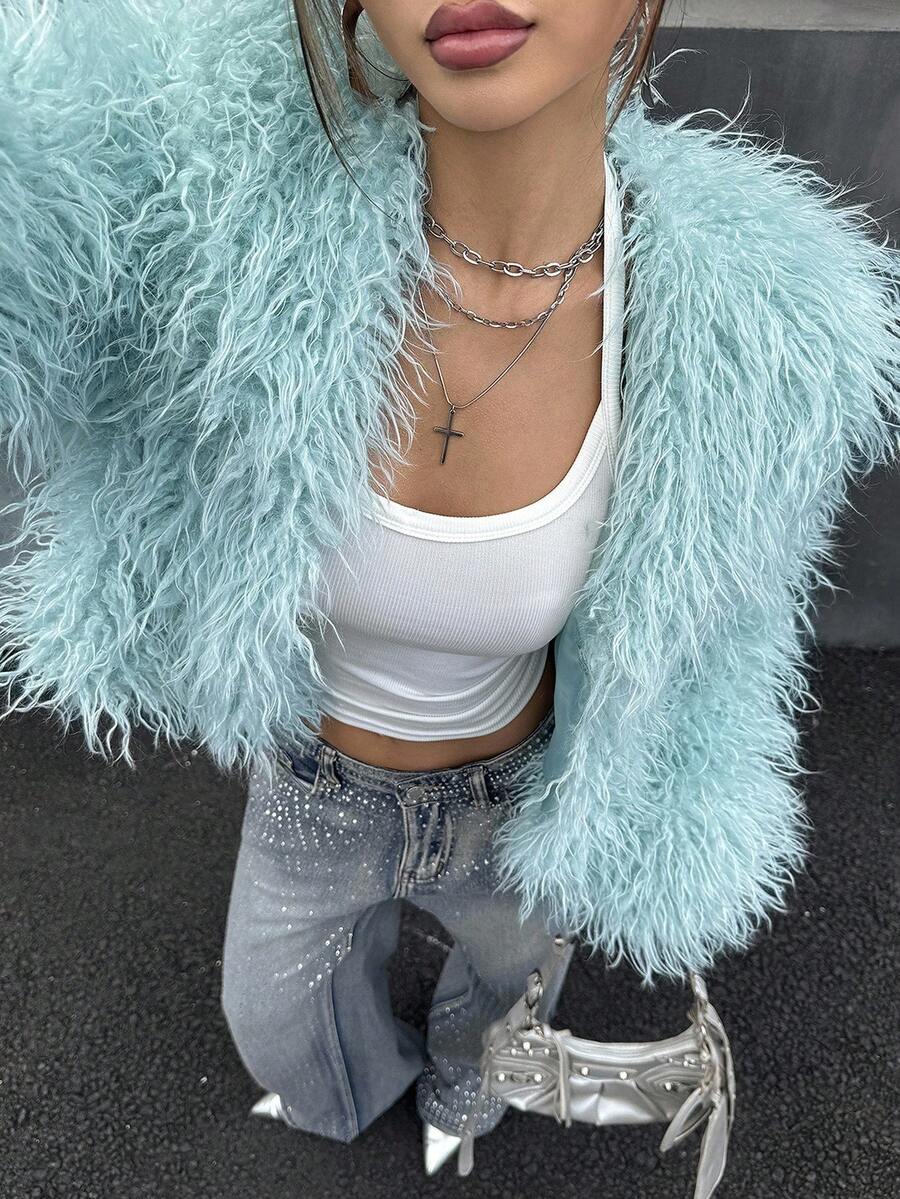 SHEIN ICON Women's Light Green Elegant Party Dress Versatile Faux Fur Coat In Fall/Winter - Mint Green - View 1