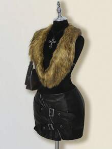 SHEIN ICON 女式时尚性感露背仿皮草上衣秋季女装