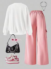 SHEIN ChillGRL 2 件套休闲动漫女孩肖像圆领落肩运动衫和阔腿裤套装，适合少女秋冬 - 彩色 - 查看 2