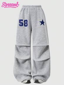 SHEIN Explorewe 少女星星数字印花休闲宽松褶皱羊毛运动裤 - 灰色 - 查看 3