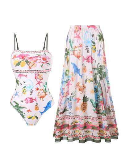 Swim Oasis 2件套夏季海滩度假印花泳衣女式细肩带连体泳衣和网眼长裙性感套装