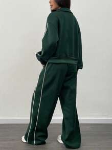 INAWLY Set de chaqueta y pantalones casual con bloques de color y ribetes, para otoño/invierno - Verde Oscuro - Ver 2