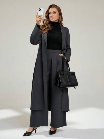 Auralis Plus Size Women's Spring And Fashion Casual Loose Comfortable Daily Versatile Slim Long Suit Jacket And Wide-Leg Pants Gray Suit Set,Old Money Style,Business Casual Woman,Office Outfits For Women,Work Wear Outfits Clothes For Women