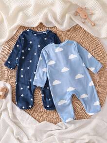 2件套新生儿简约星云图案长袖连体睡衣套装 - 彩色 - 查看 2