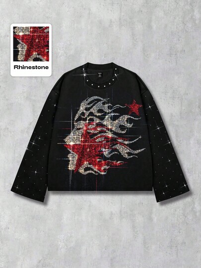 Grunge Punk Men's Fashion Rhinestone Face & Star Print Long Sleeve T-Shirt, Fall, 2000s Style