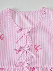 SHEIN Playful Pals 2 件装年轻女孩蝴蝶结条纹无袖上衣，带荷叶边下摆和裤子休闲装 - 粉色 - 查看 4