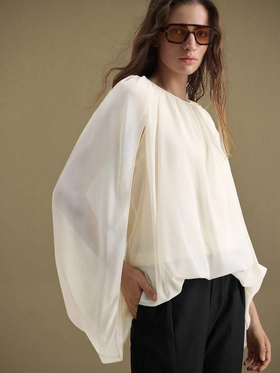 Ontre Women's Elegant Autumn Chiffon Top,Off-White Tea Party Ruched Drape Poncho Design,Western Bohemian Vintage Business Casual Versatile Wedding Guest - Yellow - View 1
