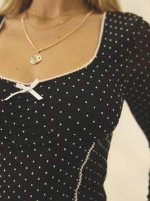 Aralina Winter / Summer Mesh Polka Dot Ruched Front Contrast Trims Cute Going Out Top - Black and White - View 3