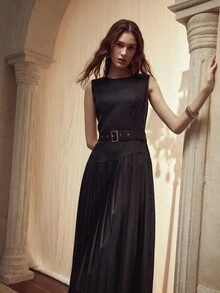 MOTF PREMIUM WOMEN'S PLEATED PATCHWORK ELEGANT DRESS - Black - View 6