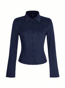 Almamuse 女式线条印花简约休闲长袖衬衫 - 寶藍色 - 查看 6